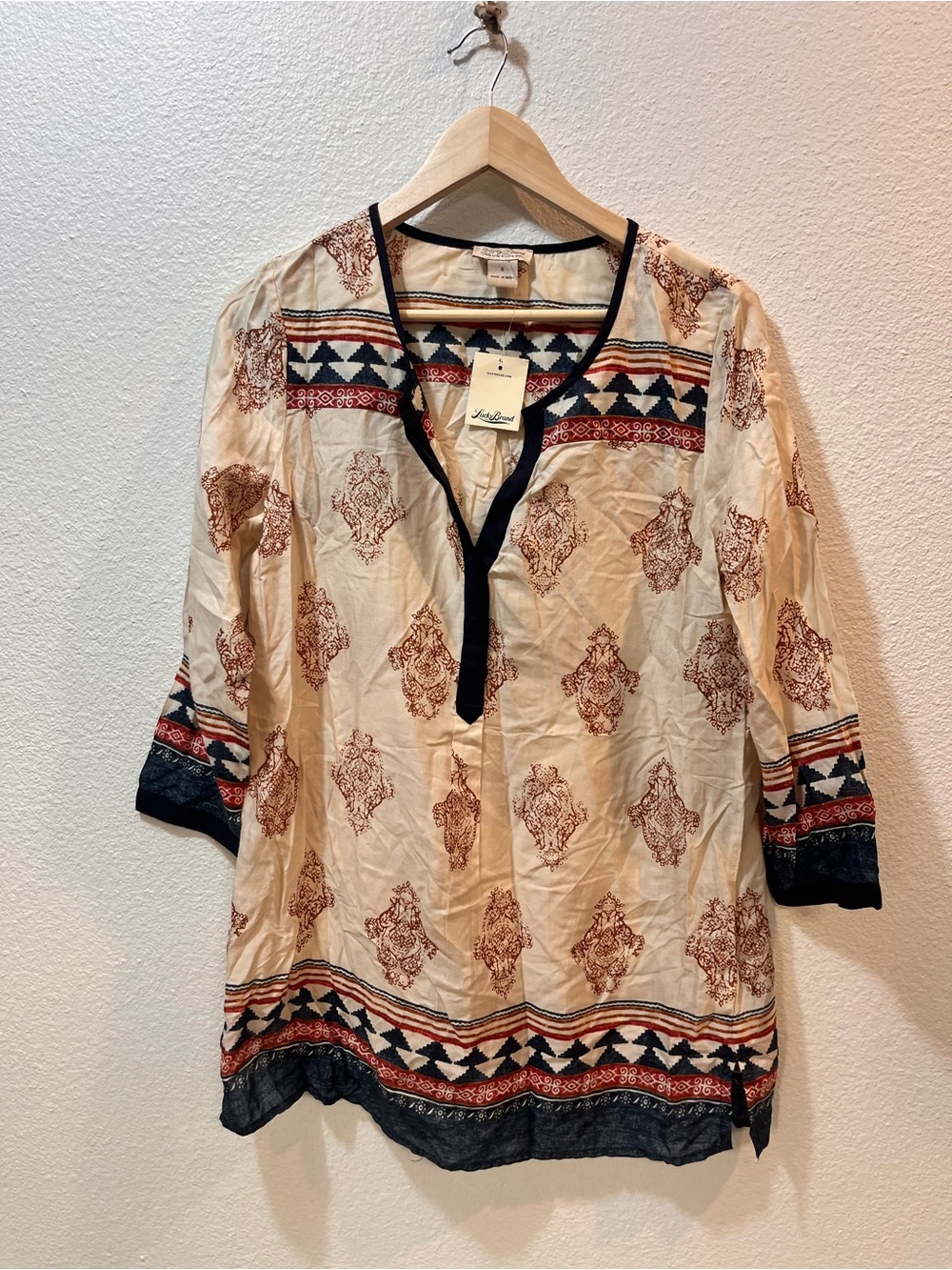 Lucky Brand Cream Tunic with Rust and Navy Folk Print